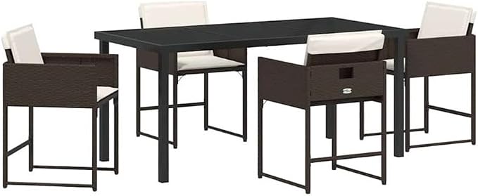 Afuera Living 5 Piece Poly Rattan Garden Dining Set with Cushions, Brown Finish, Tempered Glass Tabletop, Lightweight and Durable, Modern Patio Dining Set for Outdoor Terrace or Garden Use