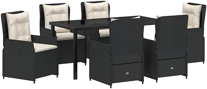 Afuera Living 7 Piece Poly Rattan Patio Dining Set, Black Finish, Tempered Glass Table, Durable Weather-Resistant Outdoor Seating, Adjustable Chairs with Track Armrests, Modern Design for Garden or