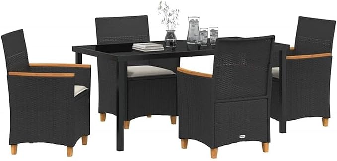 Afuera Living 5-Piece Poly Rattan Patio Dining Set, Black Finish, Weather-Resistant Steel Frame, Glass Tabletop, Wood Accents, Seating for 4, Modern Outdoor Furniture for Garden, Patio, Terrace