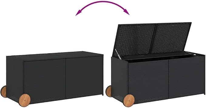 Outdoor Garden Storage Box with Wheels, 74.8 Gallon Deck Box for Patio Furniture Cushions, Tools, and Pool Accessories, Weather-Resistant PE Rattan Container, Black, 50 x 21.7 x 23.4 Inches