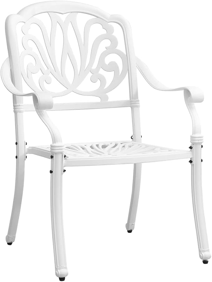 5 Piece Patio Dining Set White Cast Aluminum Outdoor Garden Table with Umbrella Hole 4 Chairs Backyard Furniture for Porch Lawn Relaxing Dining Durable Weather Resistant Comfortable Seating