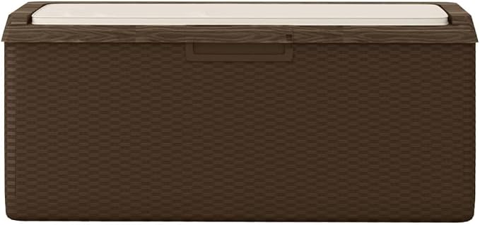 Patio Storage Box with Seat Cushion, 92.5 Gallon Outdoor Deck Box for Garden Tools and Yard Accessories, Durable Polypropylene Rectangular Storage Bench for Terrace, Brown