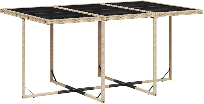 11 Piece Patio Dining Set with Cushions Beige Poly Rattan Outdoor Dining Table and 6 Chairs with Foldable Backrest, Space-Saving Glass Tabletop Garden Furniture Set for Backyard Cream White Cushions