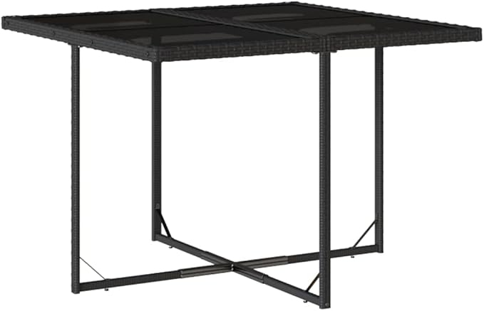 9 Piece Patio Dining Set with Cushions Black Poly Rattan Outdoor Garden Furniture Table and 8 Folding Chairs Tempered Glass Top UV-Proof Weather-Resistant for Backyard Entertaining
