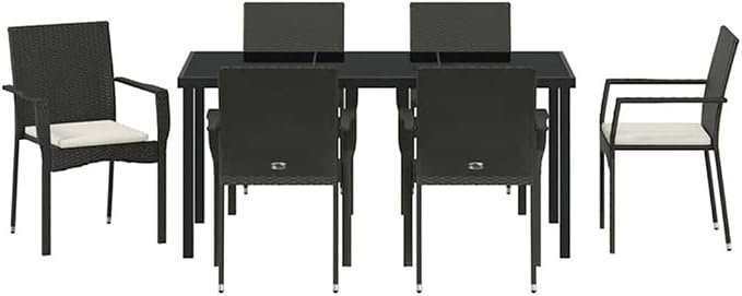 Afuera Living 7-Piece Poly Rattan Garden Dining Set, Black Finish, Cushioned Seating for 6, Tempered Glass Tabletop, Weather-Resistant Outdoor Furniture for Patio or Garden Dining and Entertaining