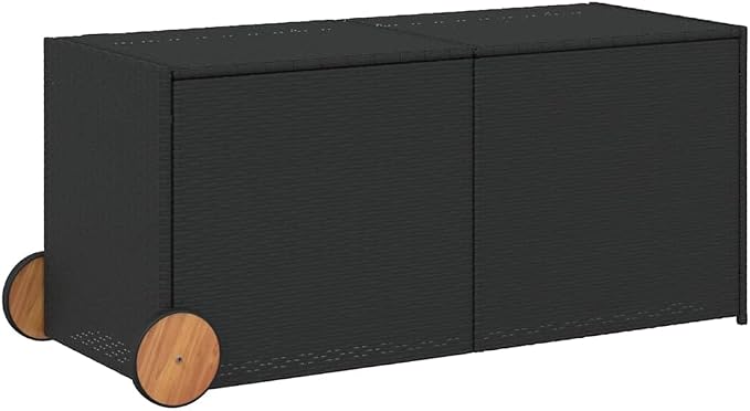 Garden Storage Box, 74.8 Gallon Outdoor Deck Box with Wheels, Rectangular Patio Storage Bin for Garden Tools and Cushions, PE Rattan with Powder-Coated Steel, Black