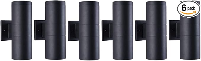 mirrea Modern Outdoor Porch Light Patio Light in 2 Lights with Matte Black Aluminum Cylinder and Tempered Glass Cover Waterproof Wall Sconce 6 Pack | Patio Light, Aluminum Cylinder, Tempered Glass Cover, Waterproof Wall Sconce
