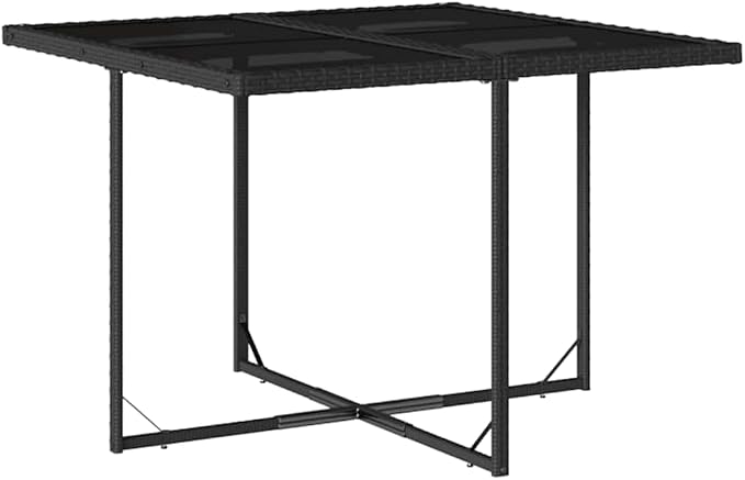 5 Piece Patio Dining Set with Cushions Black Poly Rattan Outdoor Table and 4 Chairs Foldable Space-Saving Seating Tempered Glass Top for Garden Backyard Poolside Dining Weather-Resistant Furniture