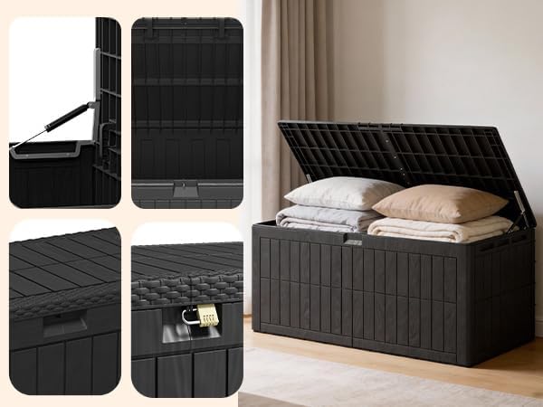 Outdoor Storage Box, 220 Gallon Lockable Resin Large Deck Box, Large Storage for Patio Furniture, Toys, Garden Tools, Sports Equipment, Black