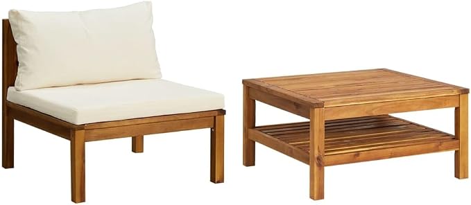 2 Piece Patio Sofa Set with Cream White Cushions, Acacia Wood Outdoor Conversation Set Sectional Sofa with Middle Sofa, Coffee Table for Garden, Patio, Balcony,-424