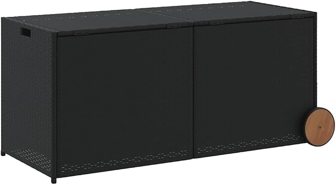 Garden Storage Box, 74.8 Gallon Outdoor Deck Box with Wheels, Rectangular Patio Storage Bin for Garden Tools and Cushions, PE Rattan with Powder-Coated Steel, Black