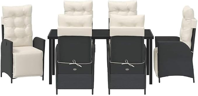 Afuera Living 7 Piece Poly Rattan Patio Dining Set, Black Finish, Cushioned Seats, Adjustable Footrests, Tempered Glass Tabletop, Powder-Coated Steel Frame, Outdoor Garden or Terrace Seating