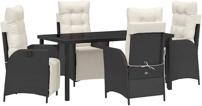 Afuera Living 5 Piece Poly Rattan Patio Dining Set, Black, Adjustable Footrests, Cushioned Polyester Seat Pads, Tempered Glass Tabletop, Modern Outdoor Furniture for Garden, Terrace, or Backyard Use
