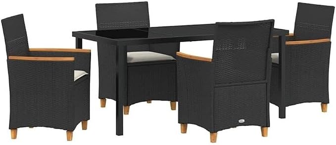 Afuera Living 5-Piece Poly Rattan Patio Dining Set, Black Finish, Weather-Resistant Steel Frame, Glass Tabletop, Wood Accents, Seating for 4, Modern Outdoor Furniture for Garden, Patio, Terrace