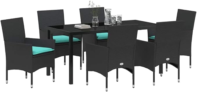 7-Piece Outdoor Dining Set with PE Rattan Chairs and Tempered Glass Table, Modern Garden Patio Furniture, Black, 6-Seater Table and Chair Combo