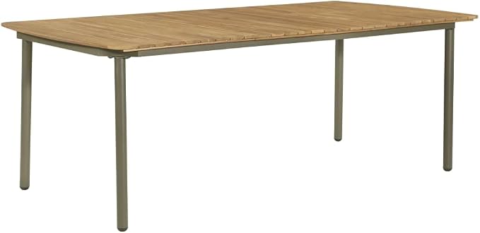 9-Piece Outdoor Dining Set, Rectangular Solid Acacia Wood Patio Table and 8 Stacking Chairs, Industrial Frame Backyard Garden Furniture Set, Natural Wood and Grey