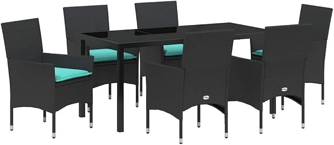 7-Piece Outdoor Dining Set with PE Rattan Chairs and Tempered Glass Table, Modern Garden Patio Furniture, Black, 6-Seater Table and Chair Combo