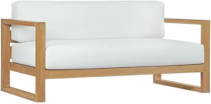 Pemberly Row 4-Piece Patio Sofa Set, Solid Teak Wood, Natural Finish, White Cushions, Includes Sofa, 2 Armchairs, Coffee Table, Modern Outdoor Furniture for Balcony, Backyard, Poolside, or Garden