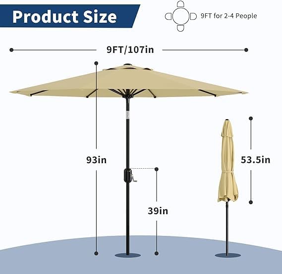 IDEALHOUSE 9Ft Outdoor Patio Umbrella, 8 Sturdy Ribs Table Umbrella With Crank Lift & Push Button Tilt, Market Umbrella UV Protection Waterproof for Garden, Deck, Backyard, Pool