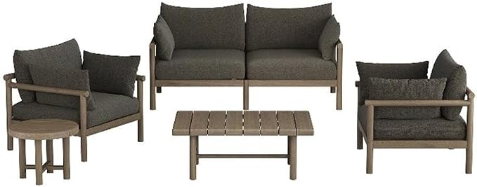Modway Eleni 5-Piece Outdoor Teak Wood Patio Furniture Set in Weathered Gray Flint – Backyard Conversation Set with Loveseat, 2 Armchairs, Side Table, and Coffee Table