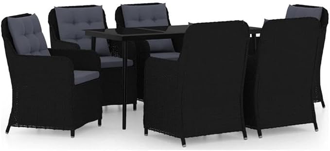 Afuera Living 7-Piece Contemporary Patio Dining Set, Black and Dark Gray Finish, Powder-Coated Steel and Poly Rattan, Rectangular Table with Cushioned Chairs, Weather-Resistant Outdoor Garden