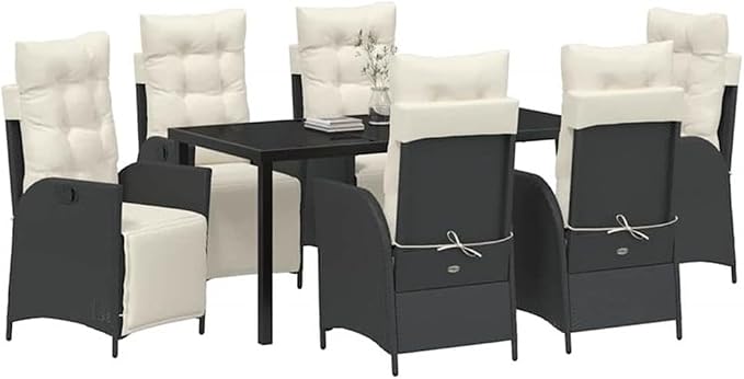 Afuera Living 7 Piece Poly Rattan Patio Dining Set, Black Finish, Cushioned Seats, Adjustable Footrests, Tempered Glass Tabletop, Powder-Coated Steel Frame, Outdoor Garden or Terrace Seating