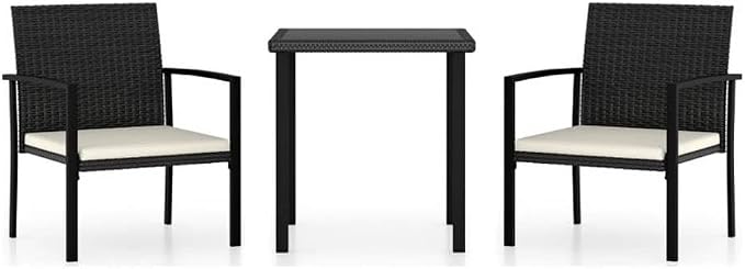 BOWERY HILL 3-Piece Outdoor Patio Dining Set, Black Poly Rattan Table and Chairs, Cream Cushions, Compact Modern Design, UV Resistant/Waterproof for Balcony, Terrace, Garden