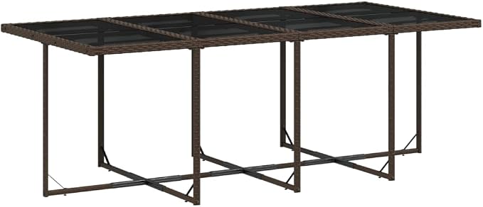 9 Piece Patio Dining Set with Cushions Brown Poly Rattan Outdoor Table and 8 Folding Chairs for Garden Backyard Porch Tempered Glass Top UV Proof