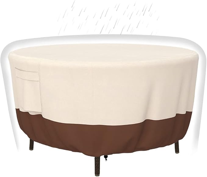 Patio Furniture Covers - Heavy Duty Round Table Cover (110D x 28H Inch) - Outdoor Dining & Coffee Table Cover for Veranda, Lawn - Waterproof & Weather Resistant, Anti UV - Beige & Brown
