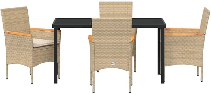 5 Piece Outdoor Dining Set, Beige Poly Rattan Patio Table and 4 Chairs, Garden Furniture Set with Washable Cushions and Tempered Glass Tabletop