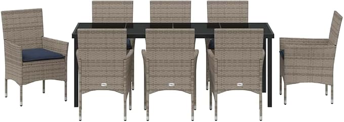 9-Piece Outdoor Dining Set with Cushions, Grey PE Rattan Patio Table and 8 Chairs for Garden, Backyard, and Deck