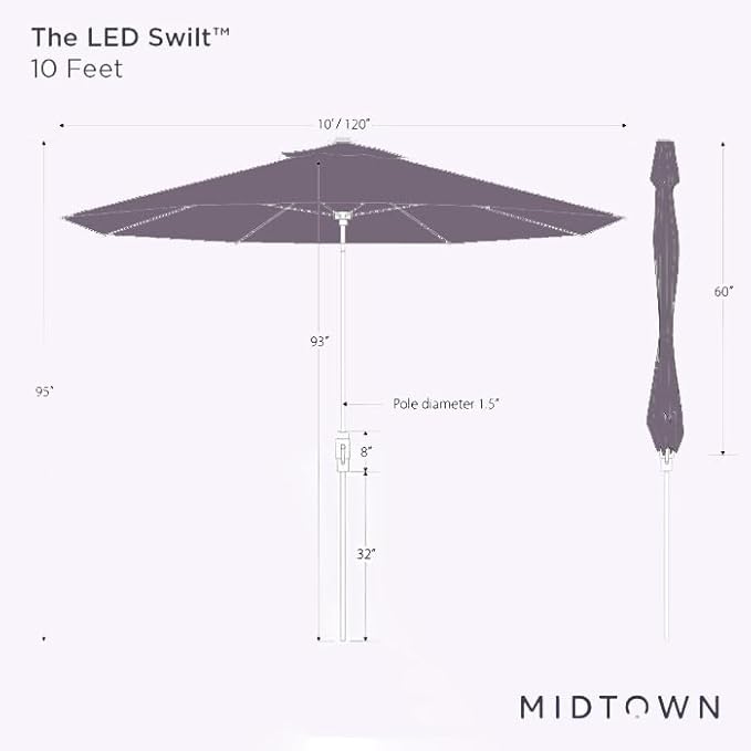 Midtown Umbrellas The LED Swilt 10 Feet Patio Umbrella With Sunbrella Forest Green Acrylic Fabric - Auto-Tilt Aluminum Frame With LED Lights For Backyard, Deck, Garden, Pool - Black Pole