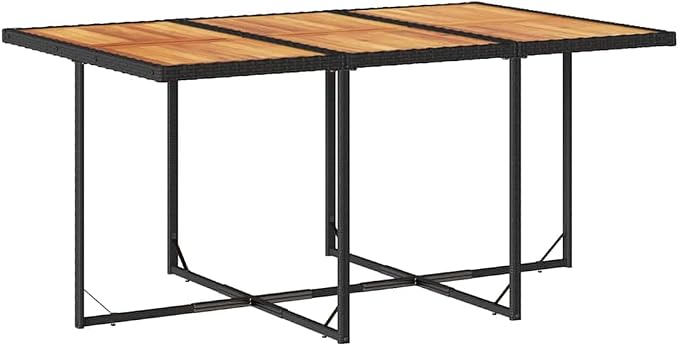 7-Piece Outdoor Dining Set, PE Rattan Patio Furniture Set with Acacia Wood Table Top and 6 Cushioned Chairs, Modern Garden Table and Chairs Set for Backyard, Deck and Terrace, Black and Brown