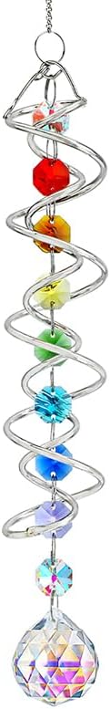 20.5in Crystal Sun Catcher with Chakra Beads Wind Spinner Decor | Crystal Sun Catcher Hanging with Seven Chakra Beads and Spiral Tail Wind Spinner for Window Indoor Garden Christmas Decor
