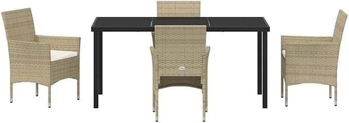Afuera Living 5 Piece Patio Dining Set, Poly Rattan and Powder-Coated Steel Frame, Beige Weather-Resistant Cushions, Tempered Glass Tabletop, Modern Garden Furniture for Outdoor, Backyard, or Deck Use