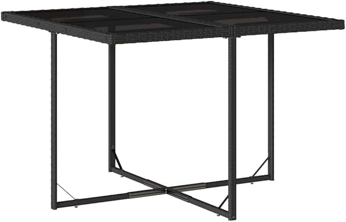 9-Piece Black Poly Rattan Patio Dining Set with Cushions | Features a space-saving cube design with a tempered glass tabletop and chairs that tuck neatly underneath.