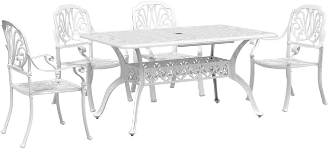 5 Piece Patio Dining Set White Cast Aluminum Outdoor Garden Table with Umbrella Hole 4 Chairs Backyard Furniture for Porch Lawn Relaxing Dining Durable Weather Resistant Comfortable Seating