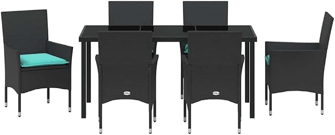 7-Piece Outdoor Dining Set with PE Rattan Chairs and Tempered Glass Table, Modern Garden Patio Furniture, Black, 6-Seater Table and Chair Combo