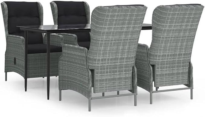 5 Piece Patio Dining Set Light Gray Poly Rattan with Adjustable Reclining Chairs, Outdoor Garden Dining Table and 4 Chairs with Thick Cushions for Backyard Poolside Lawn