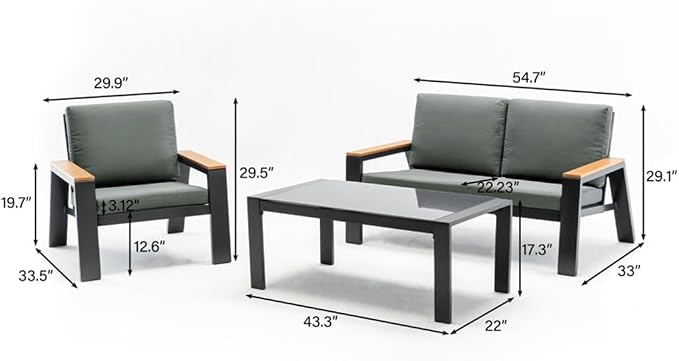 Metal 4- Person Seating Group with Cushions, Double Chair, Two Single Chairs, Glass Table, Suitable for Balconies