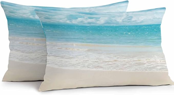 Yukro Coastal Ocean Outdoor Waterproof Pillow Covers Pack of 2, Ocean Waves Beach Sea Shore Throw Pillowcases Decorative Cushion Covers for Garden Patio Tent Sofa Couch, 20x12 inch