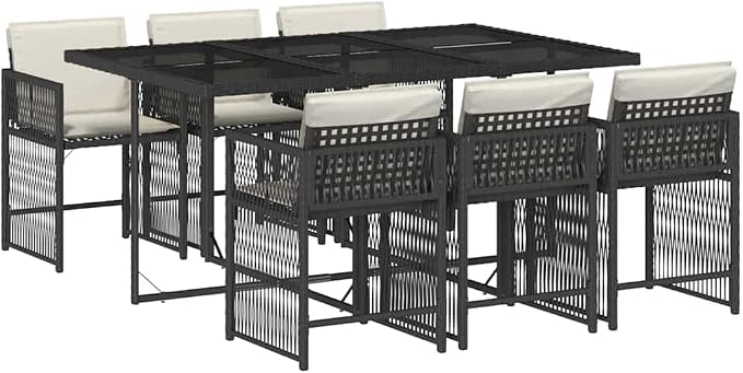 7 Piece Patio Dining Set with Cushions Black Poly Rattan Outdoor Furniture Table and 6 Folding Chairs Tempered Glass Top UV-Proof for Garden Backyard Deck Entertaining 242.5 lb Capacity