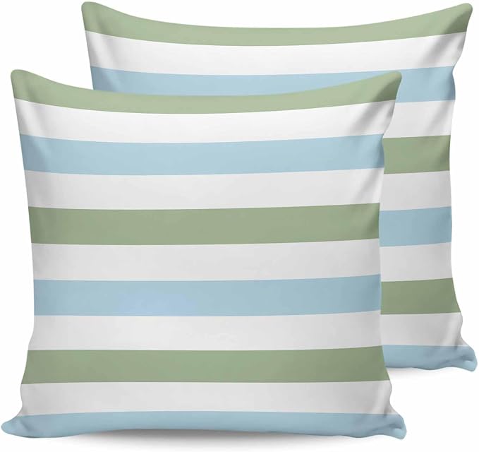 Outdoor Waterproof Throw Pillow Covers 24x24Inch, Spring Stripes Pattern Cushions for Garden Patio Furniture Chairs Set of 2, Blue and Sage Green Home Decor Couch Sofa Polyester Pillow Cases