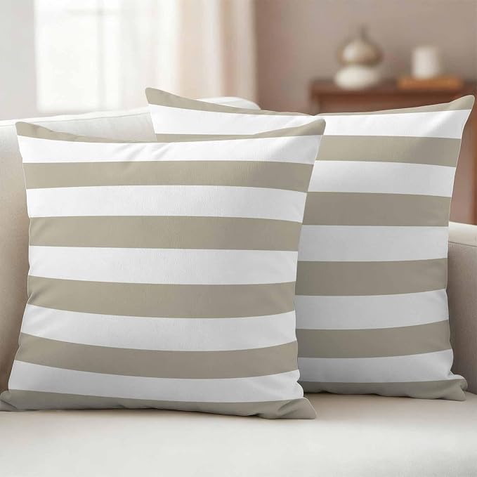 Tan and White Stripe Outdoor Waterproof Throw Pillow Covers Set of 2, 18"x18", Brown Stripes Simple Decorative Pillow Covers Outside Cushion Case for Patio Porch Garden