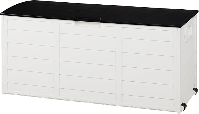 FOXHOLE 75 Gal Outdoor Plastic Deck Storage Box with Lockable Lid Wheels and Handles for Garden Tools and Toys (White w/Black lid)