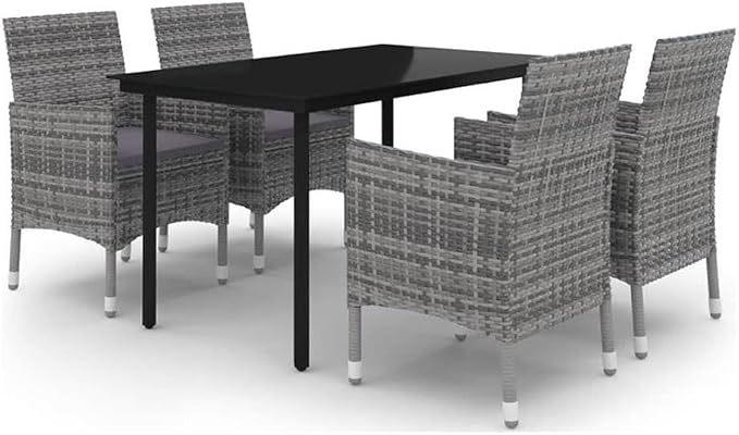 BOWERY HILL 5-Piece Patio Dining Set, Rectangular Glass Table and 4 PE Rattan Chairs, Gray/Dark Gray/Black, UV-Resistant Powder-Coated Steel Frame, Outdoor Garden or Terrace Dining for 4