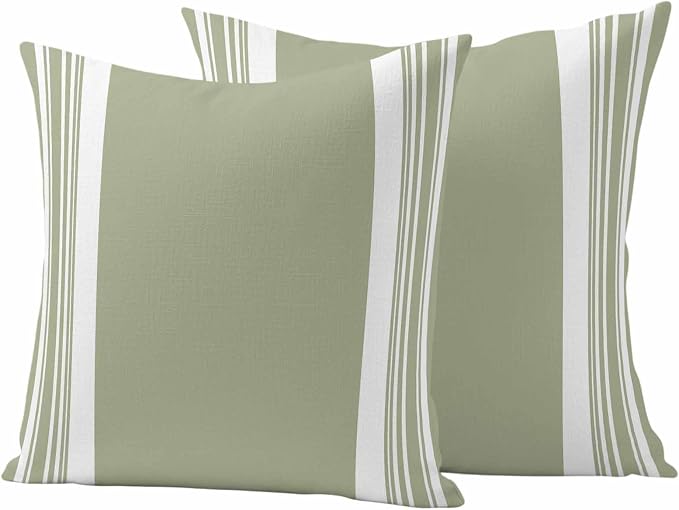 Farmhouse Sage Green Outdoor Waterproof Throw Pillow Covers 24x24 Set of 2, Aesthetic Modern Line Striped Decorative Pillowcases Cushion Pillowcase for Couch Sofa Patio Outside Pillow Protector