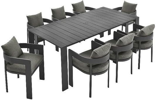 Modway Tahoe Outdoor Patio Powder-Coated Aluminum 9-Piece Dining Set in Gray Charcoal - Rectangular Patio Furniture Set for 8 - Outside Table with Umbrella Hole and Cushioned Chairs - Modern Patio Set
