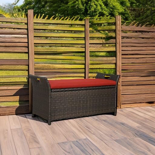40 Gallon Outdoor Storage Bench Rattan Deck Box Patio Steel Frame Wicker Storage Container with Cushion, Red NPT-900004