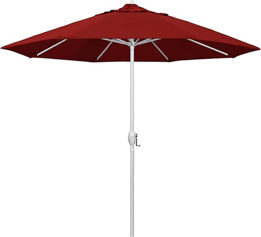California Umbrella 12-Year Protection 9' Rd Aluminum Patio Umbrella, Crank Lift, Auto Tilt, White Finish, Sunbrella Jockey Red